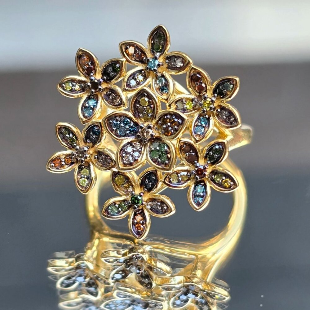 Artisan ✦ Blooming Brilliance Multi‑Color Diamond Ring ✦ 18K Vermeil Floral Sz 6